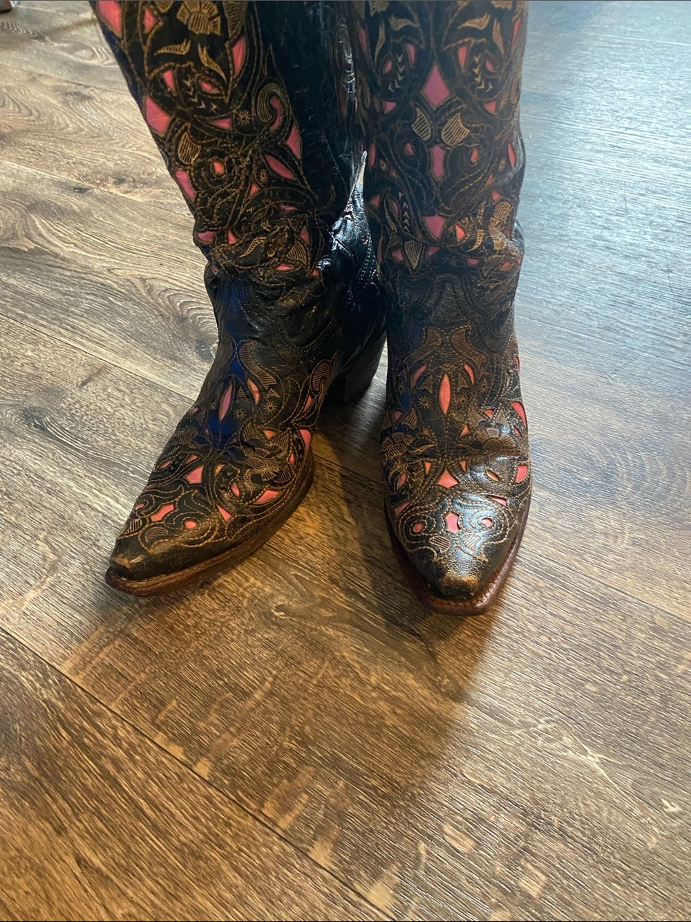 Women's Black Leather Cowboy Boots with Pink Embroidered Insets - Picture 6 of 16